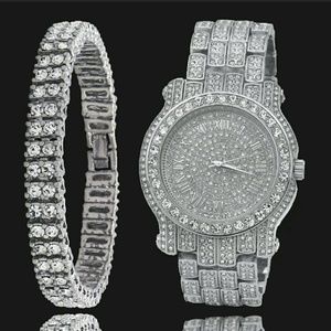 "2 ROW 9" INCH ICED OUT HIP-HOP BRACELET" & Watch 
